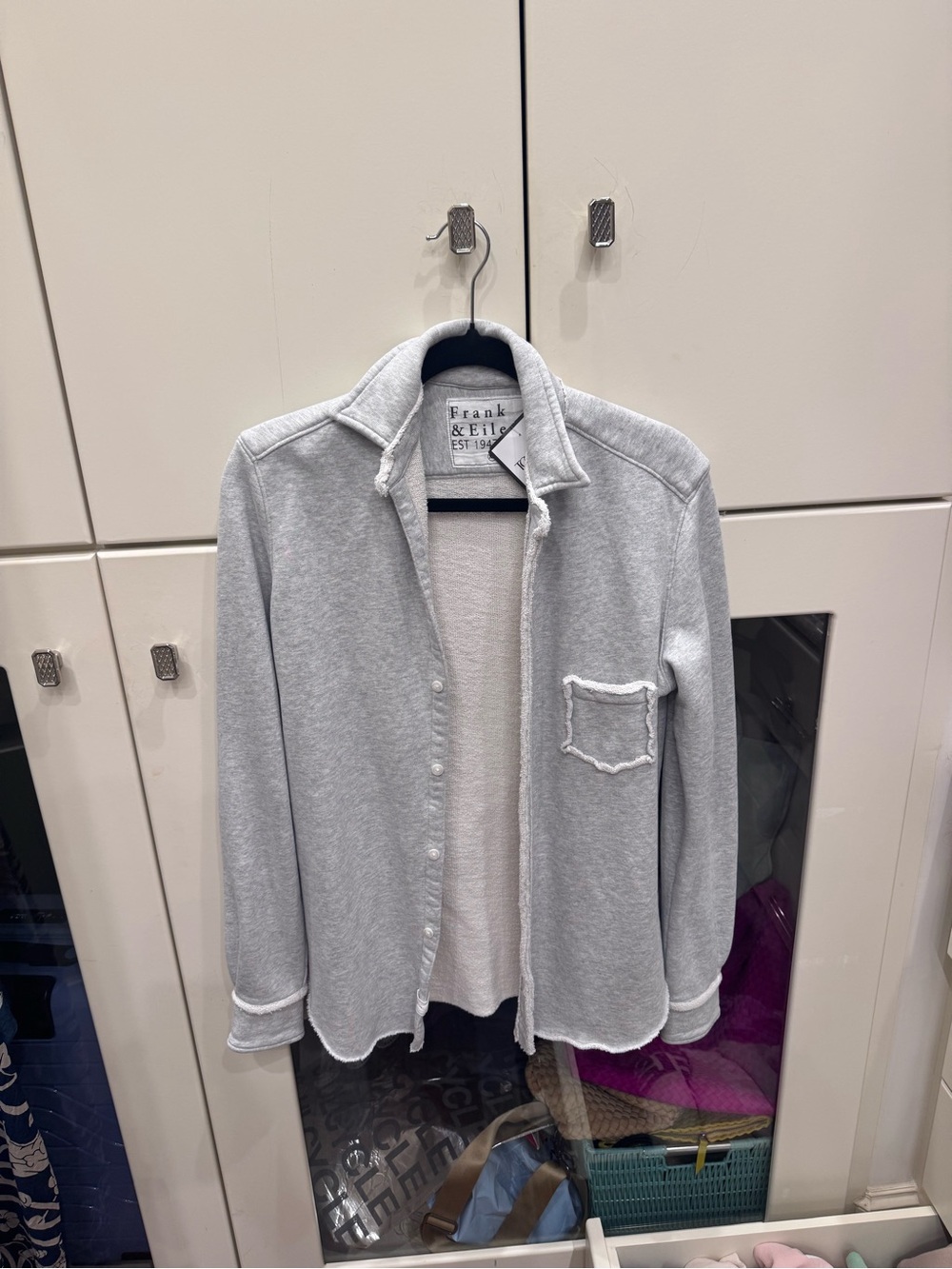 Frank & Eileen Light Gray Button-Front Shirt Jacket with Frayed Pocket